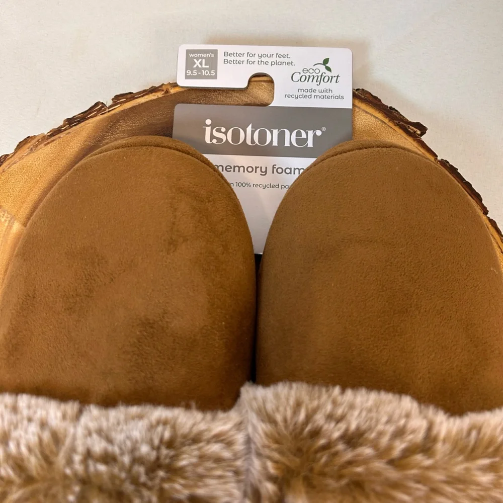 Isotoner Women's Signature Memory Foam Slippers Brown with faux fur Size 9.5/10 - Picture 4 of 8